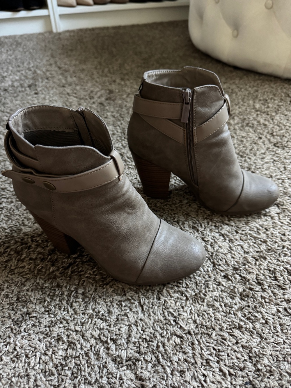 Breckelles Taupe Strap Ankle Booties with Stacked Heel